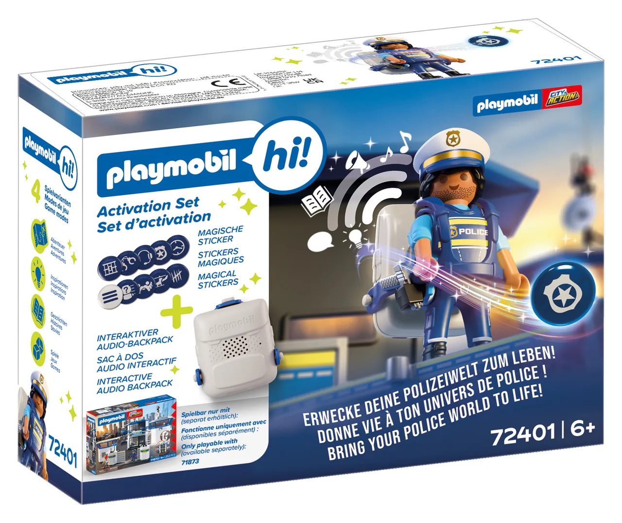Verpackung des Playmobil hi! Activation Sets Polizei mit Audio-Rucksack und Stickern
